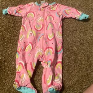 Pink Newborn Zip Up footed Sleeper with rainbows and hearts